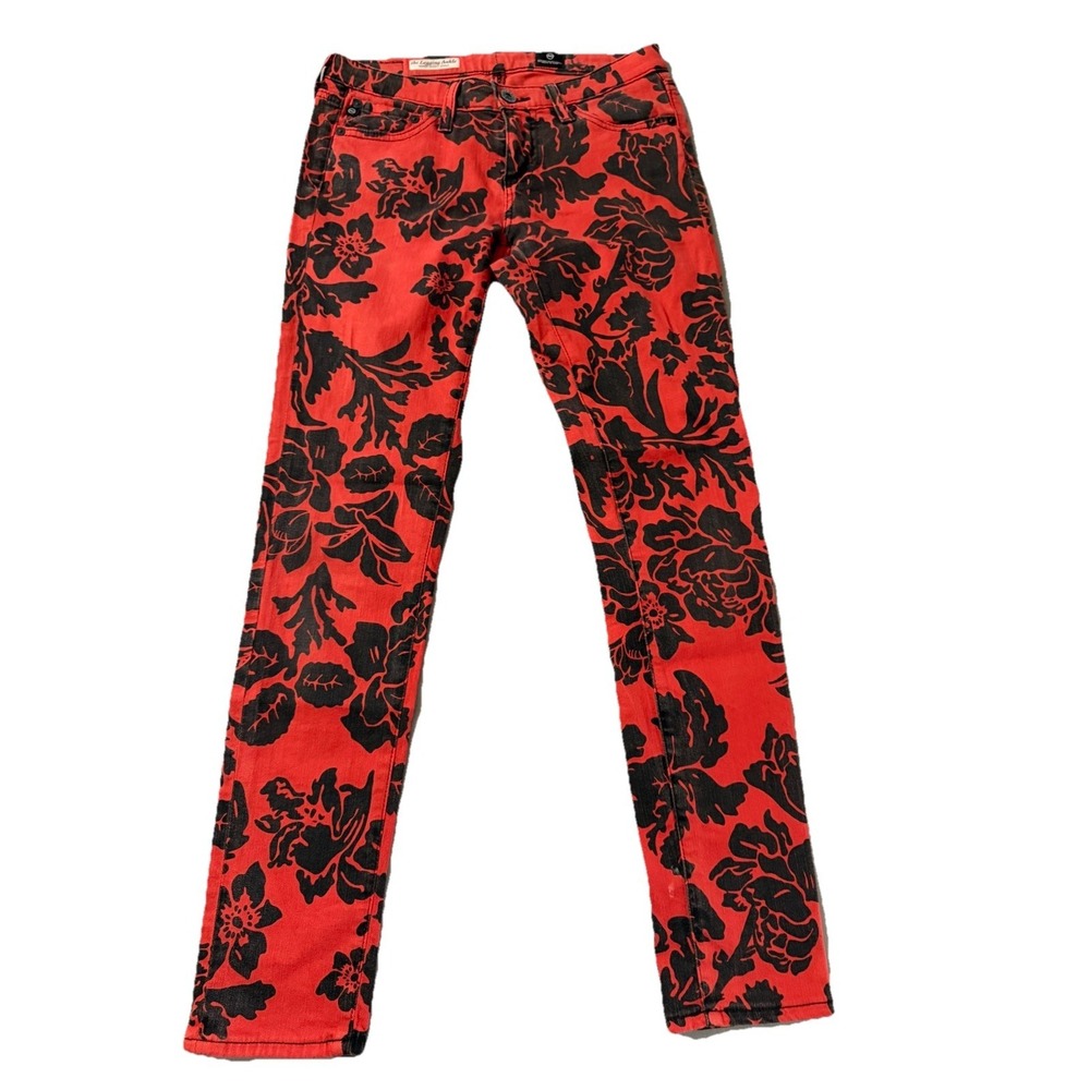 Adriano Goldschmied Women's Size 25 Red Black Floral Super Skinny Legging Ankle